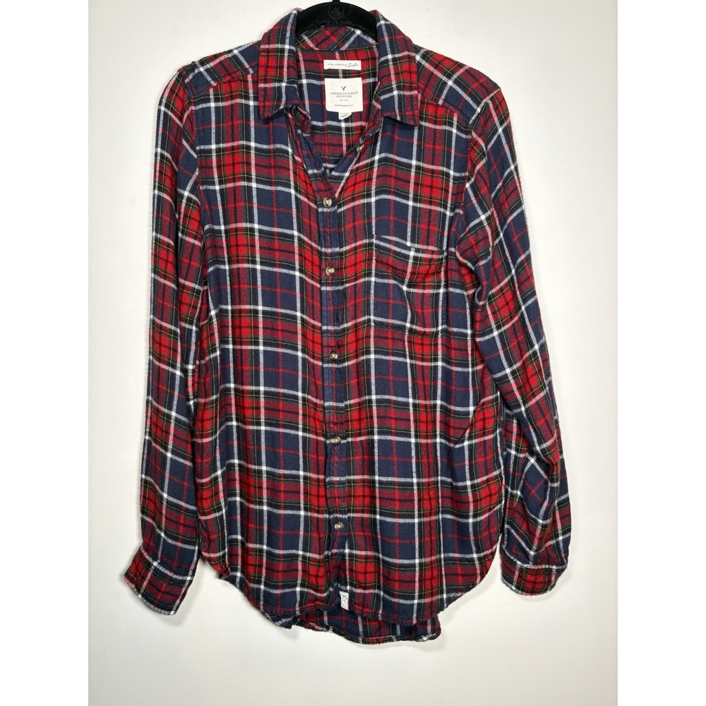 American Eagle Plaid Shirt Red Navy Blue Boyfriend Indie Grunge Flannel Small